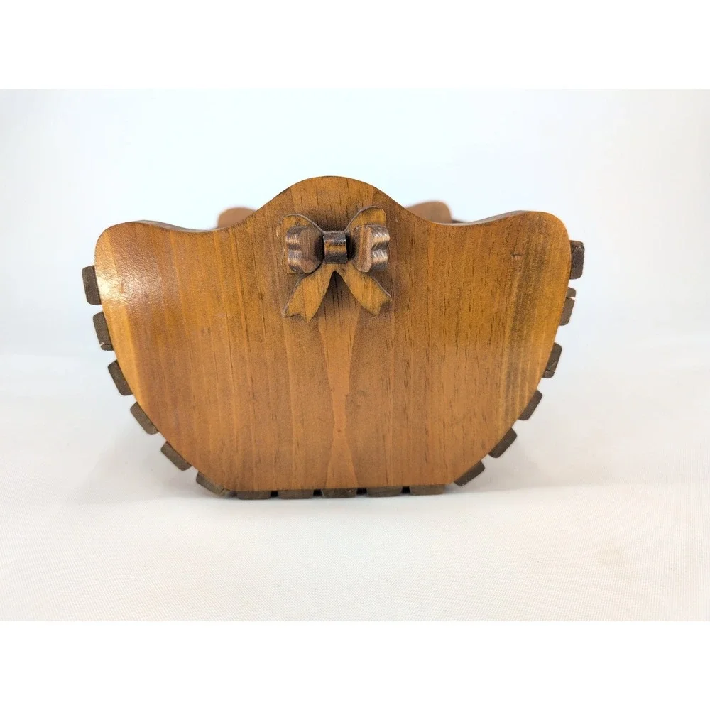 Vintage Wooden Slat Basket Brown Handcrafted Bow Detail